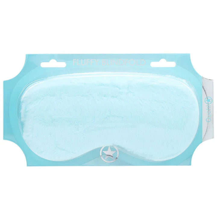 OUCH! Fluffy Blindfold Eye Mask in Powder Blue, pale blue plush mask sealed on its aqua card
