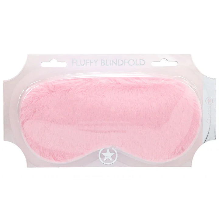 OUCH! Fluffy Blindfold Eye Mask in Powder Pink, pink plush mask sealed on its pale pink card