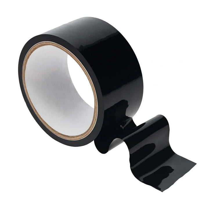 OUCH! PVC Non-Stick Bondage Tape 20m in Black, glossy black roll with a length unwound beside it