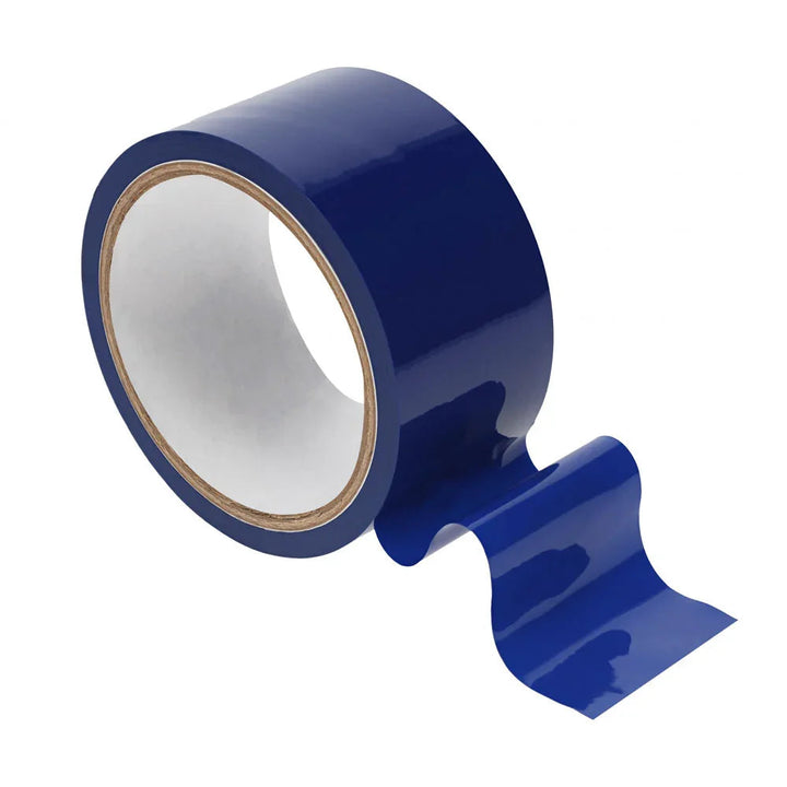 OUCH! PVC Non-Stick Bondage Tape 20m in Navy Blue, glossy navy roll with a length unwound beside it
