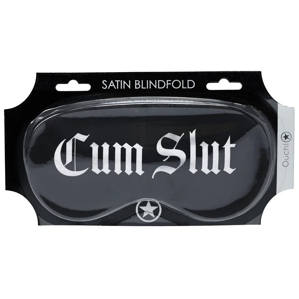 Shots Toys OUCH! Printed Satin Eye Mask Cum Slut, Black