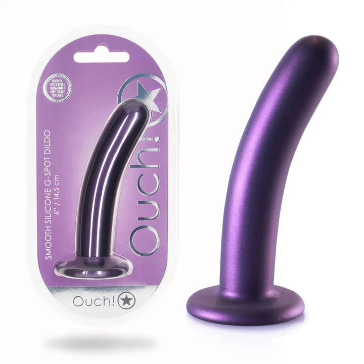 OUCH! 15.2 cm Silicone G-Spot Dildo in Metallic Purple, blister pack beside the curved dildo and base