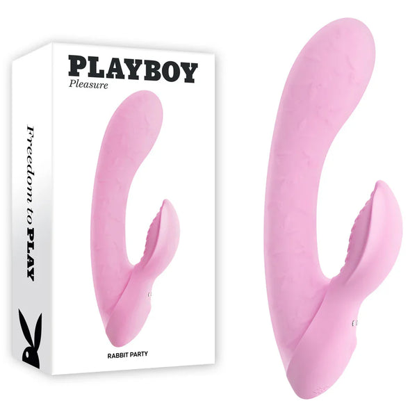 Playboy Pleasure Rabbit Party mini rabbit vibrator in pink beside its retail box