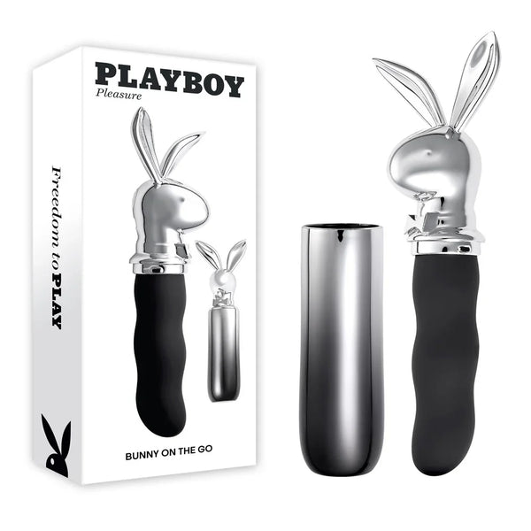 Playboy Pleasure Bunny On The Go USB-C vibrator in black with chrome bunny cap and box