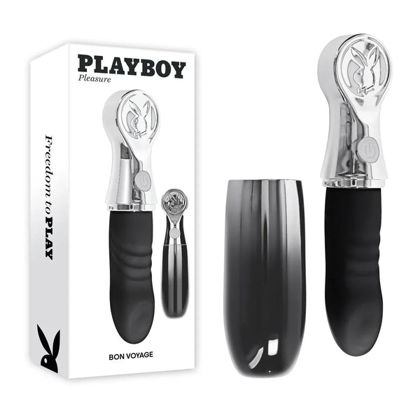 Playboy Pleasure Bon Voyage tapping vibrator in black and chrome beside its box