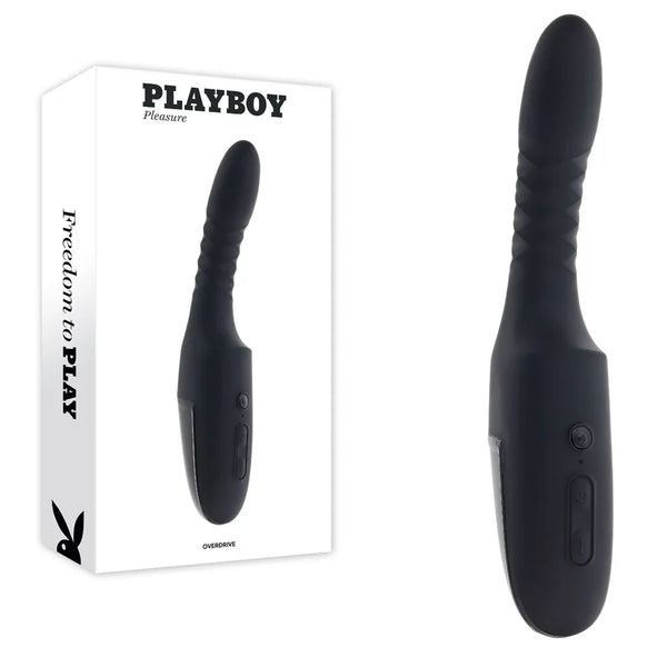 Playboy Pleasure Overdrive thrusting vibrator in black with ribbed shaft and its box