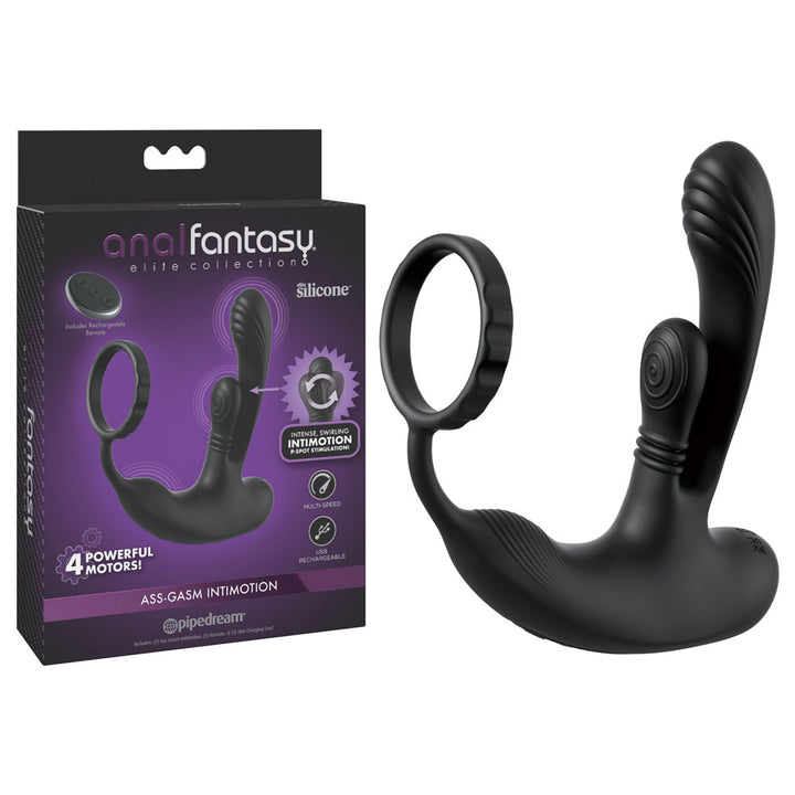 Pipedream Anal Fantasy Elite Ass-Gasm intiMotion in Black beside its purple Elite box