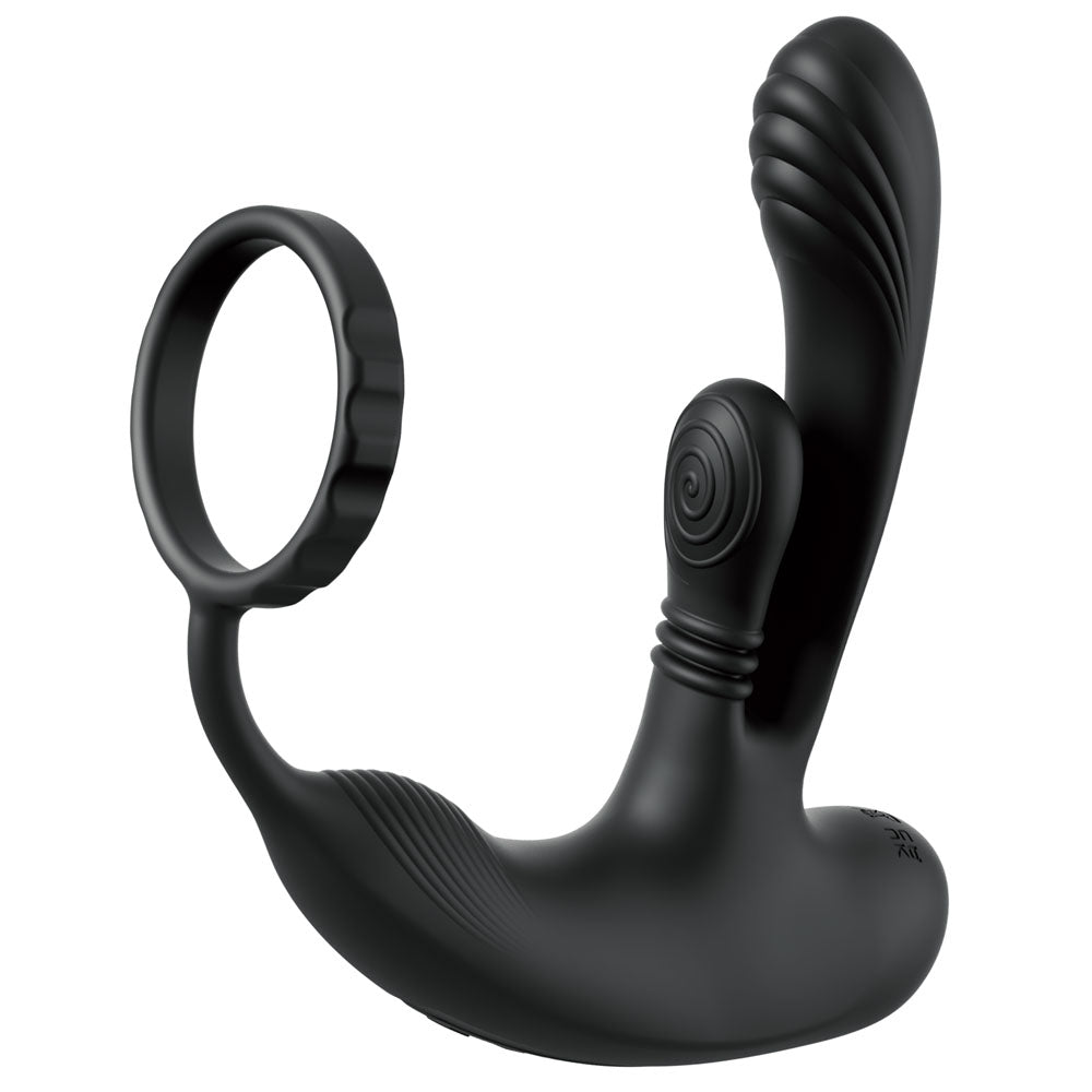 Ass-Gasm intiMotion in Black, cock ring joined to a ribbed P-spot plug and perineum arm