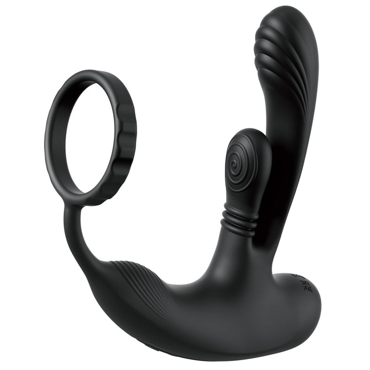 Ass-Gasm intiMotion in Black, cock ring joined to a ribbed P-spot plug and perineum arm