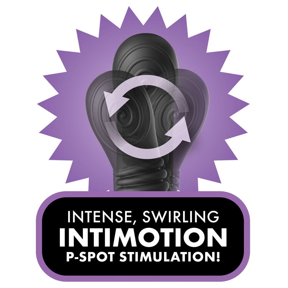 Graphic showing the intiMotion head swirling, captioned intense swirling P-spot stimulation
