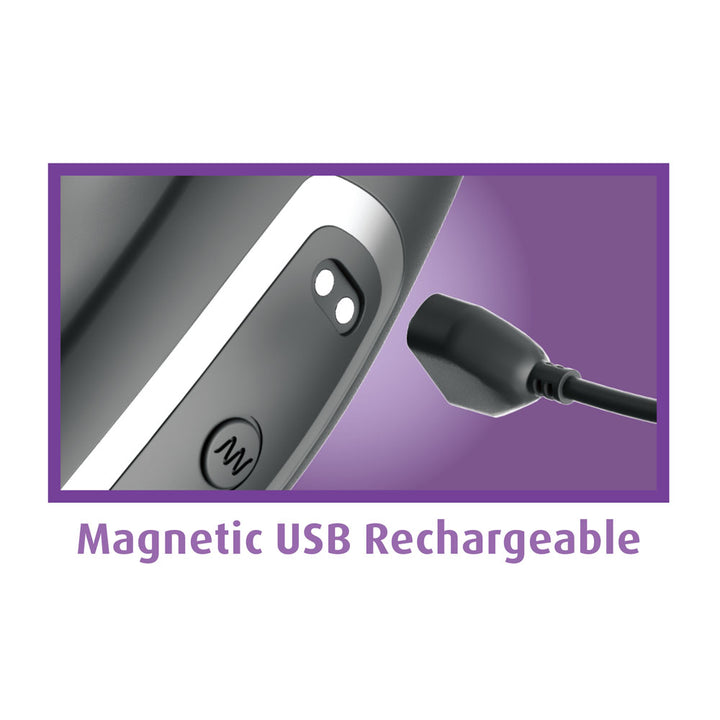 Magnetic USB charging cable connecting to the Ass-Gasm intiMotion, labelled rechargeable