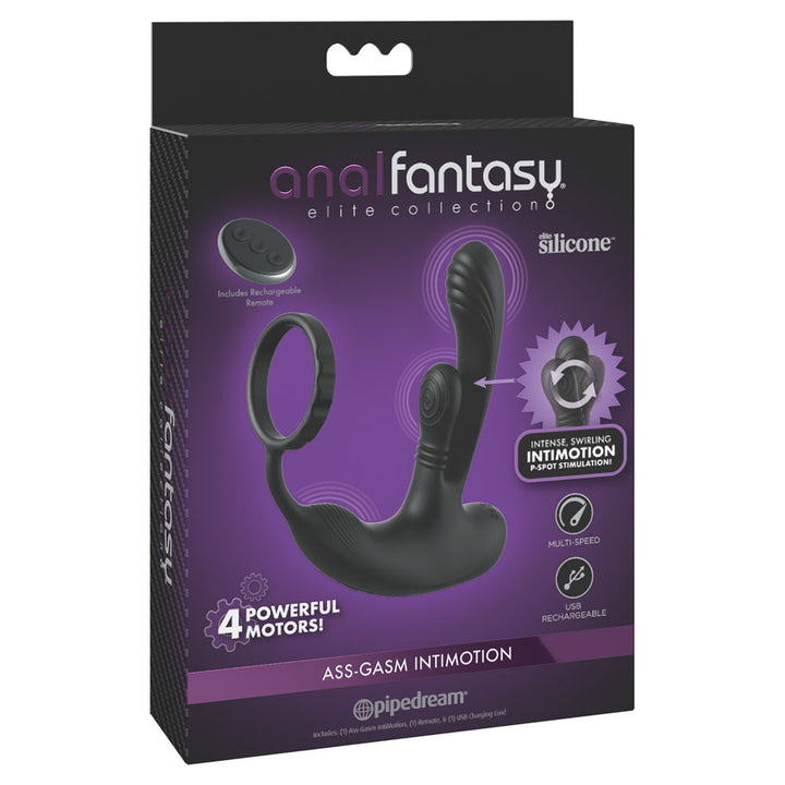 Rear of the Anal Fantasy Elite Ass-Gasm intiMotion retail box, listing four powerful motors