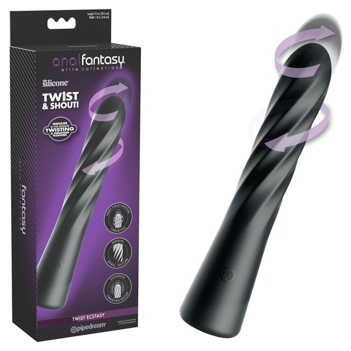 Pipedream Anal Fantasy Elite Twist Ecstasy in Black, spiral shaft, next to its Twist & Shout box