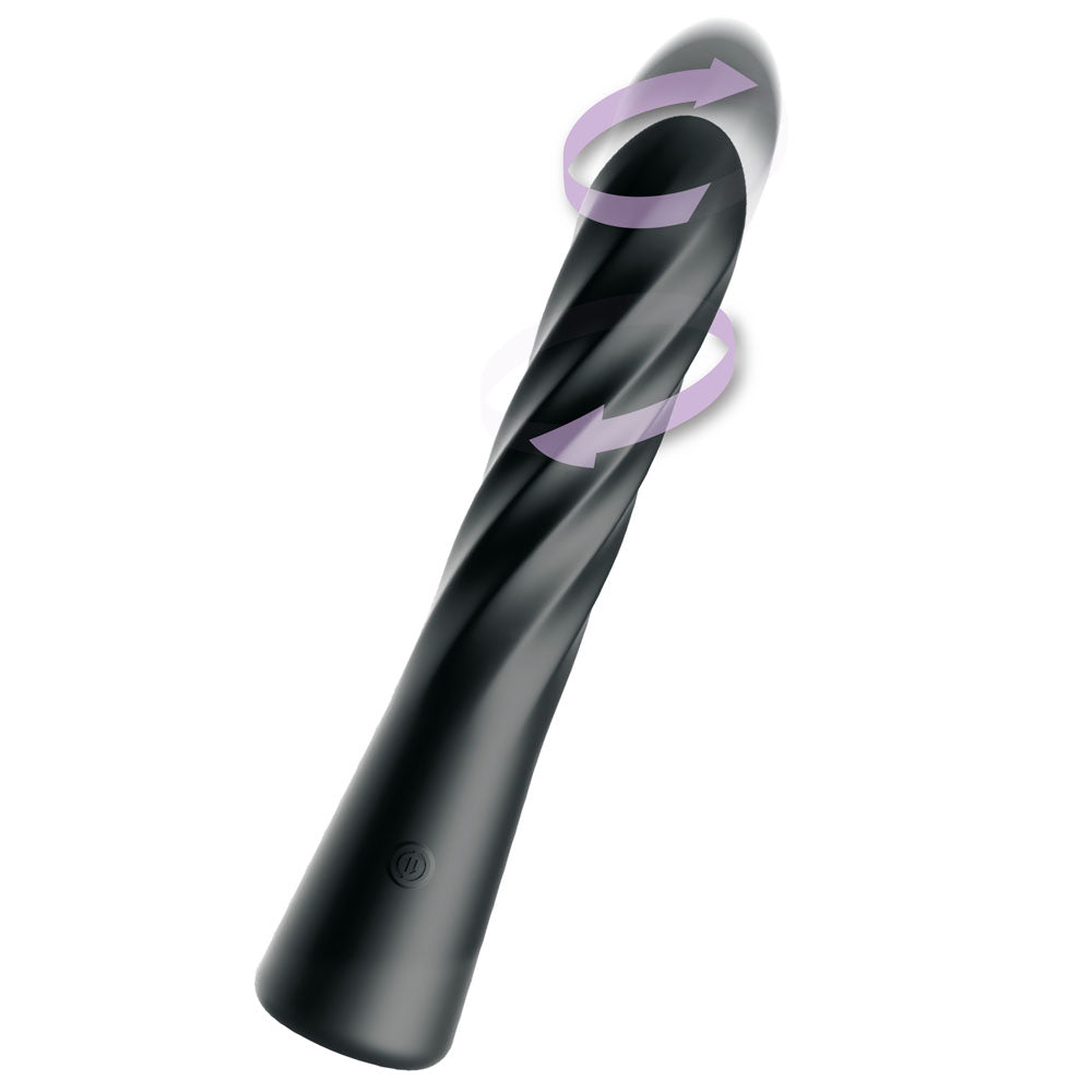 Black Twist Ecstasy vibrator tilted on purple, arrows showing the twisting spiral action