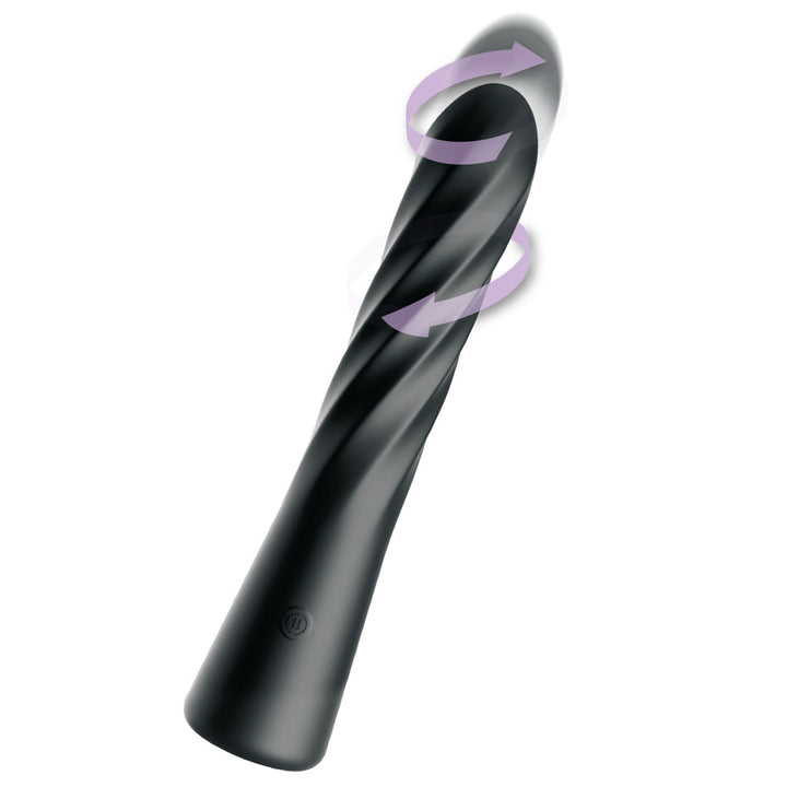 Black Twist Ecstasy vibrator tilted on purple, arrows showing the twisting spiral action
