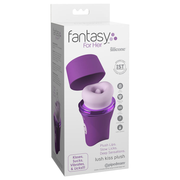 Fantasy For Her Lush Kiss Plush retail box, captioned kisses, sucks, vibrates and licks