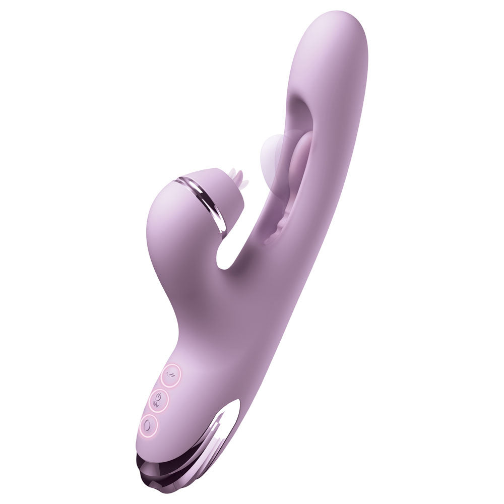 G-Touch Pulse Pro rabbit vibrator in soft purple, curved shaft with a suction cup arm