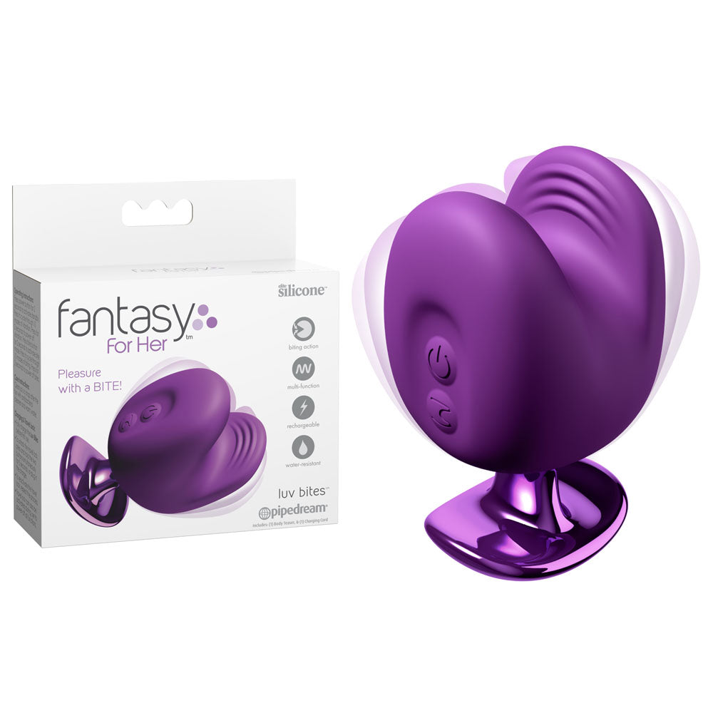 Pipedream Fantasy For Her Luv Bites in Purple next to its Fantasy For Her box