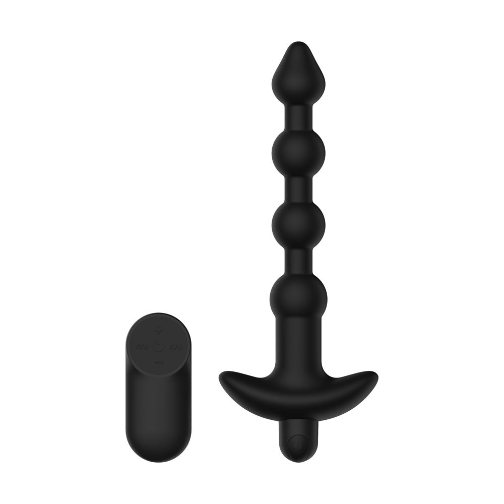 Passion Play Vibrating Anal Beads in Black beside their oval remote, curved T-base