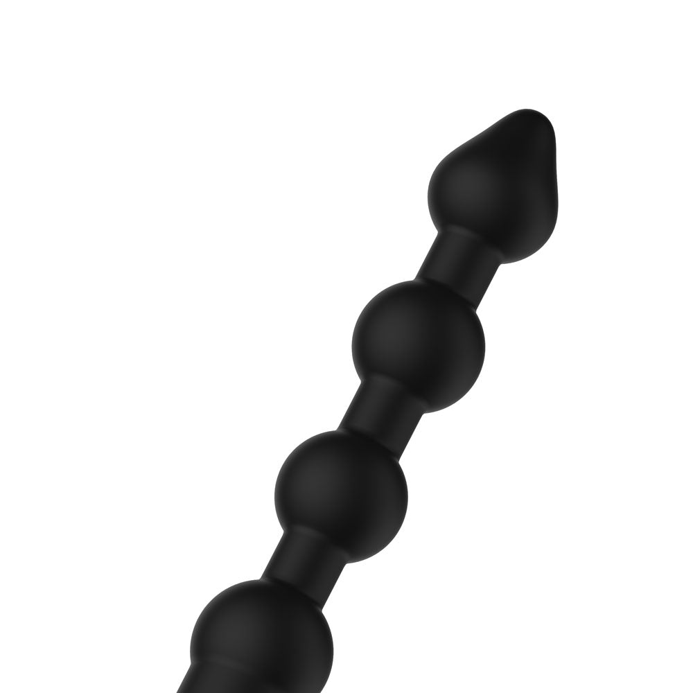 Close-up of the Black Passion Play anal beads, graduated spheres and arrow-shaped tip
