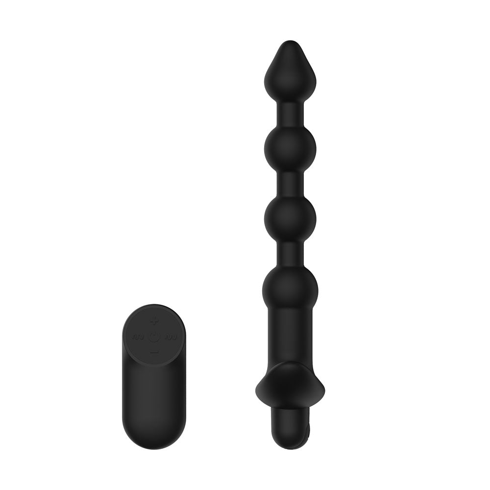 Passion Play Vibrating Anal Beads in Black upright and straight on, remote at the left