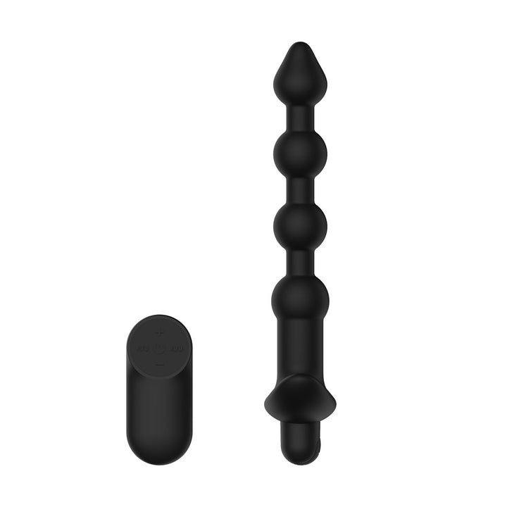 Passion Play Vibrating Anal Beads in Black upright and straight on, remote at the left