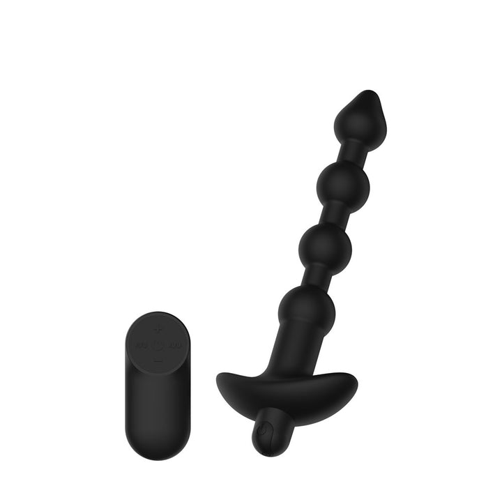 Passion Play Vibrating Anal Beads in Black angled to the right, remote at the left