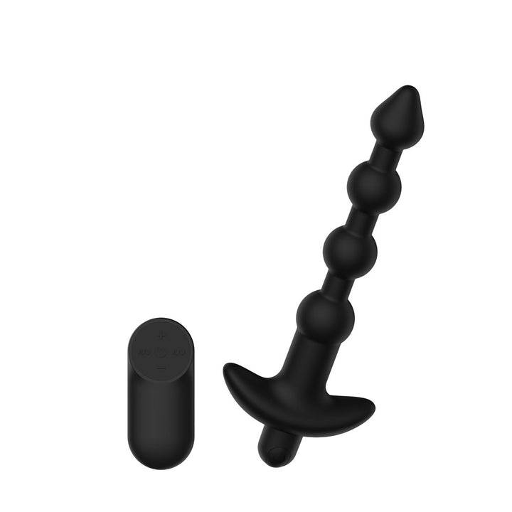 Passion Play Vibrating Anal Beads in Black tilted forward showing the flared base