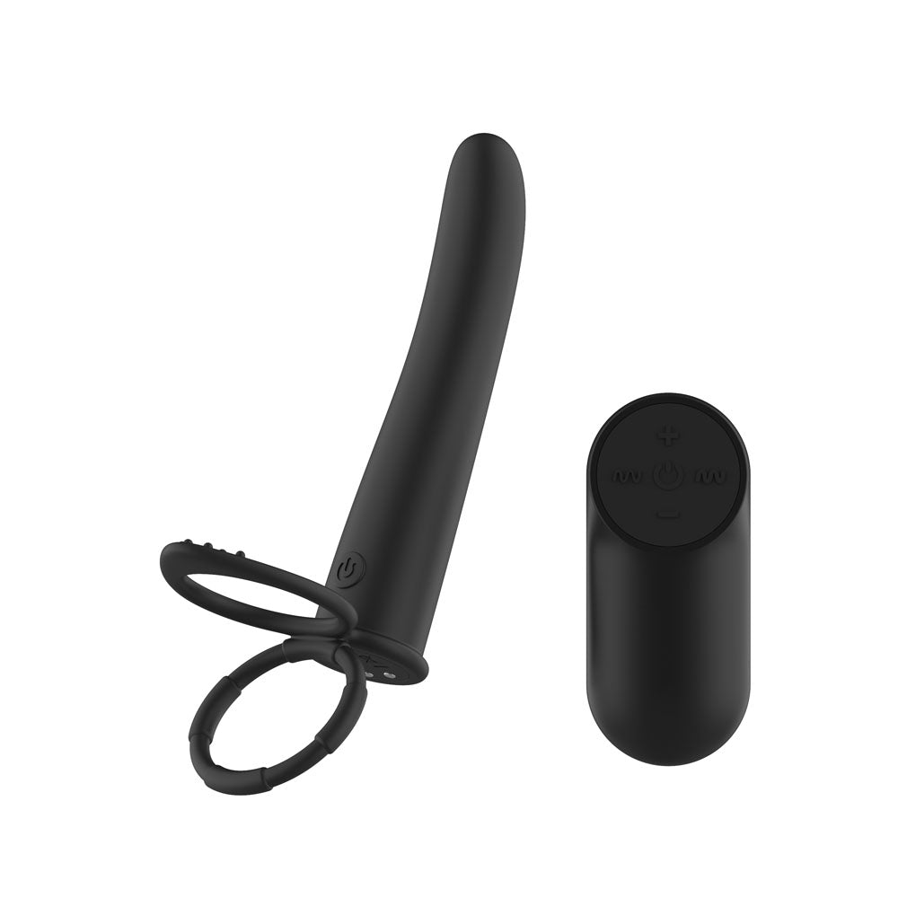 Passion Play Vibrating Double Penetrator in Black, tapered anal arm above twin rings