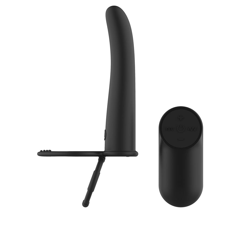 Passion Play Double Penetrator in Black side on, rings flat to the surface, remote at right
