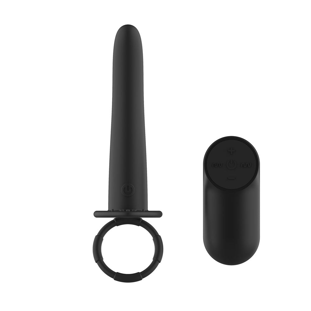 Passion Play Double Penetrator in Black straight on, power button below the arm, remote right