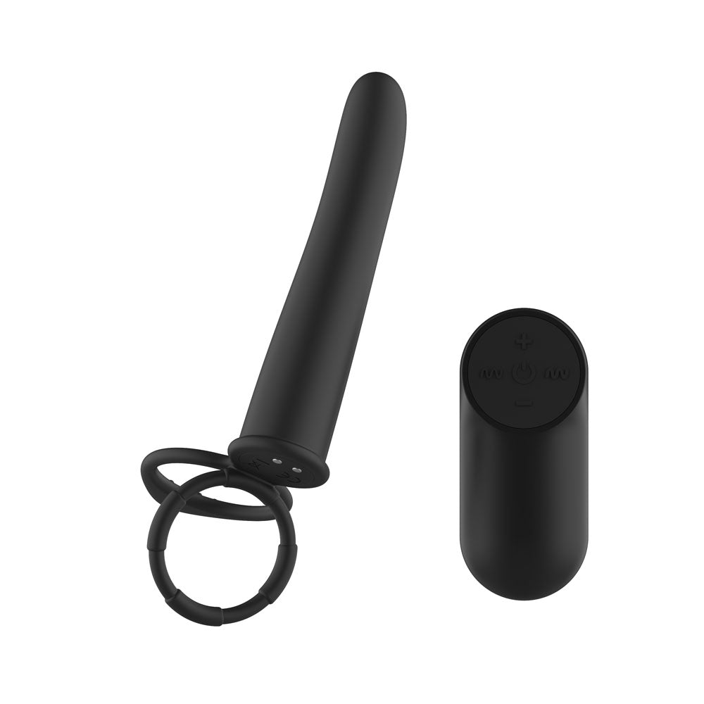 Passion Play Double Penetrator in Black angled, both stretch rings hanging loose