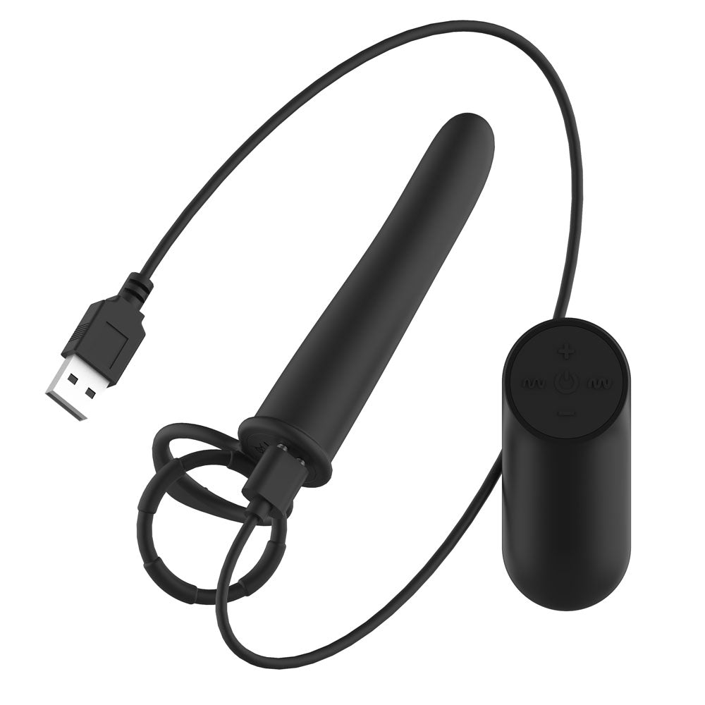 Passion Play Double Penetrator in Black with its USB charging cable plugged in, remote right