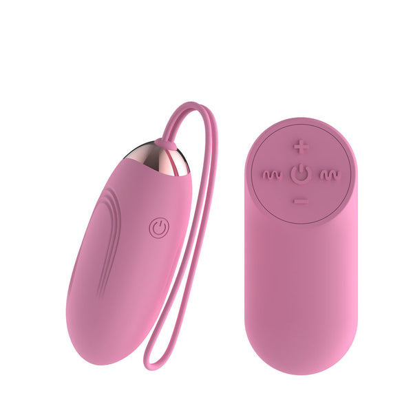 Passion Play Silicone Vibrating Egg in Pink with retrieval cord beside its oval remote