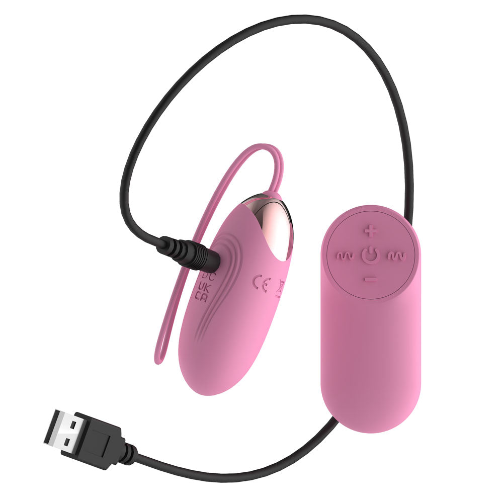Passion Play Vibrating Egg in Pink on its USB charging cable, remote alongside