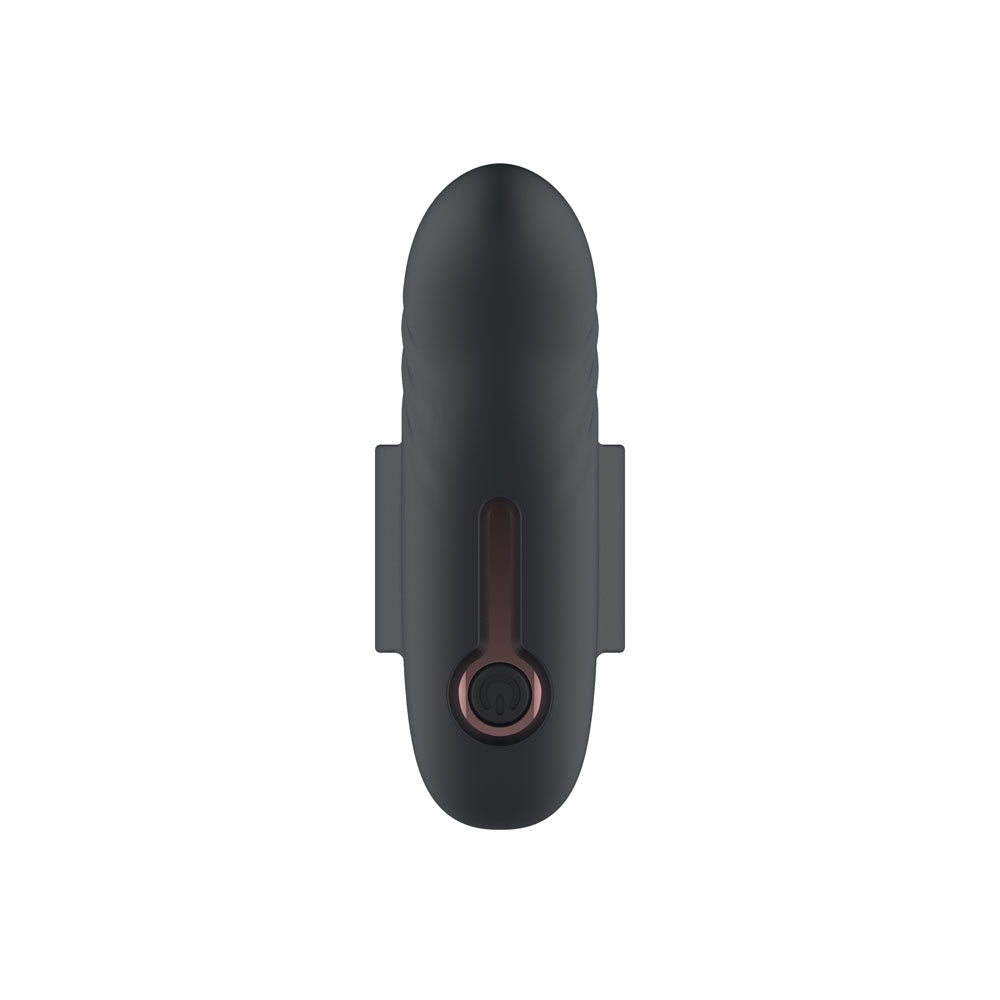 Passion Play Finger Vibe in Black from the back, finger loop centred over the ribbed body