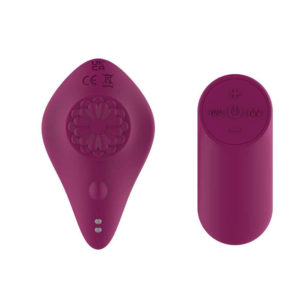 Passion Play Magnet Panty Vibe in Purple from the back, floral magnet plate and CE marks
