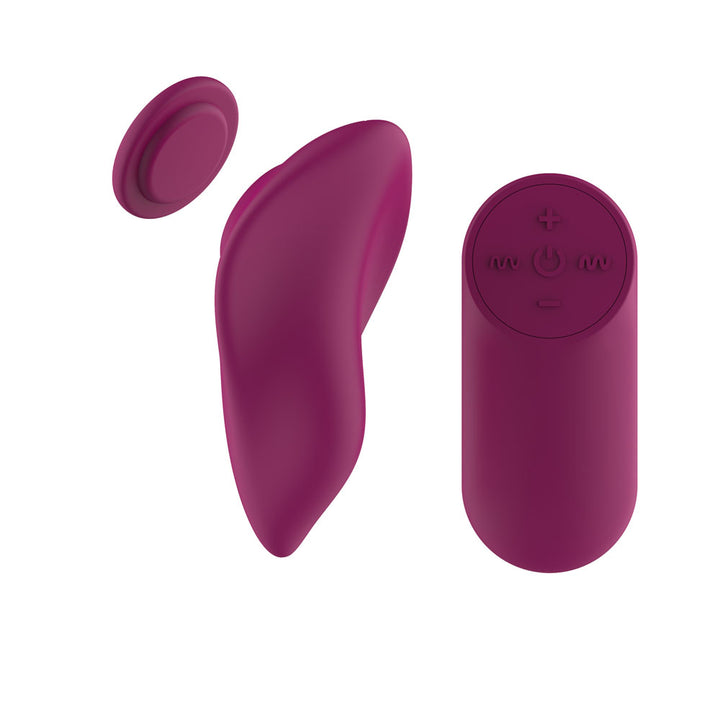 Passion Play Magnet Panty Vibe in Purple laid flat, magnet disc detached at the left