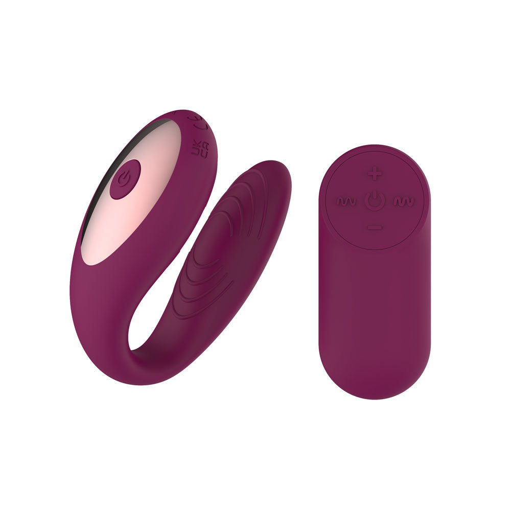 Passion Play Couple Vibe in Purple, angled view of the U-shaped body beside its oval remote