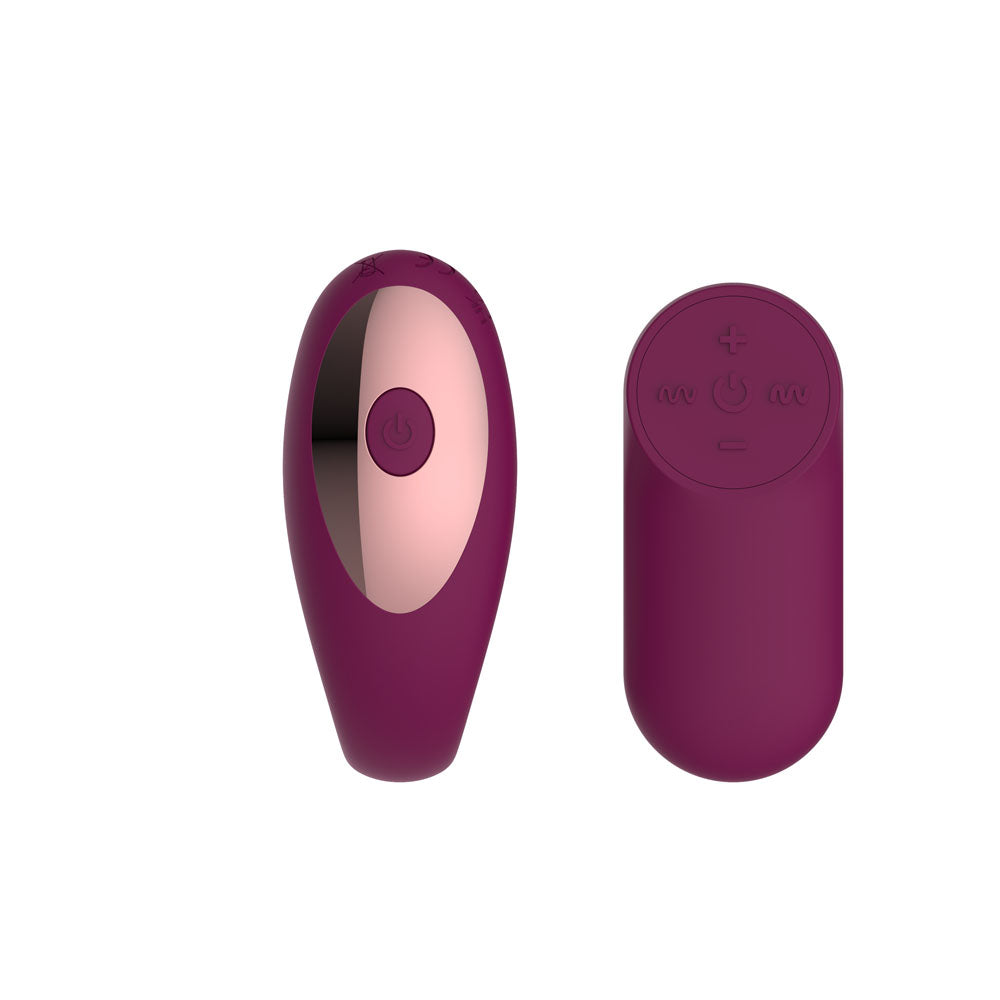 Passion Play Couple Vibe in Purple end on, rose gold control panel facing, remote alongside
