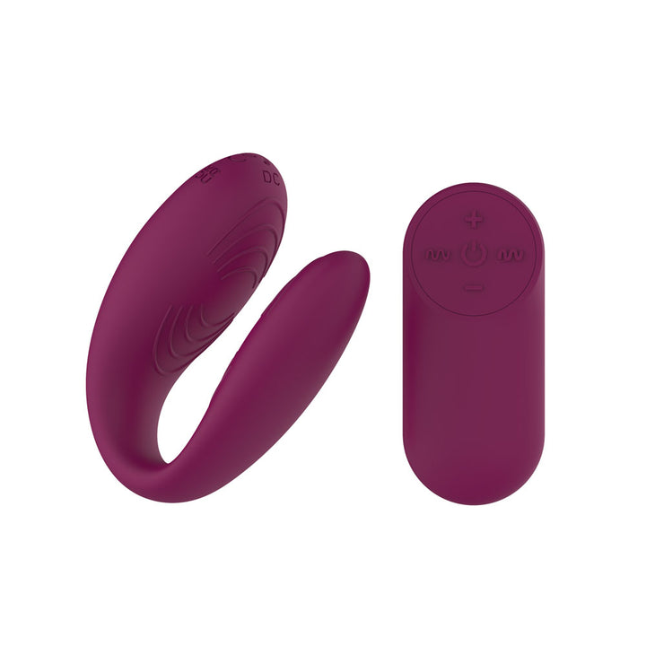 Passion Play Couple Vibe in Purple from above, ridged internal arm uppermost, remote at right