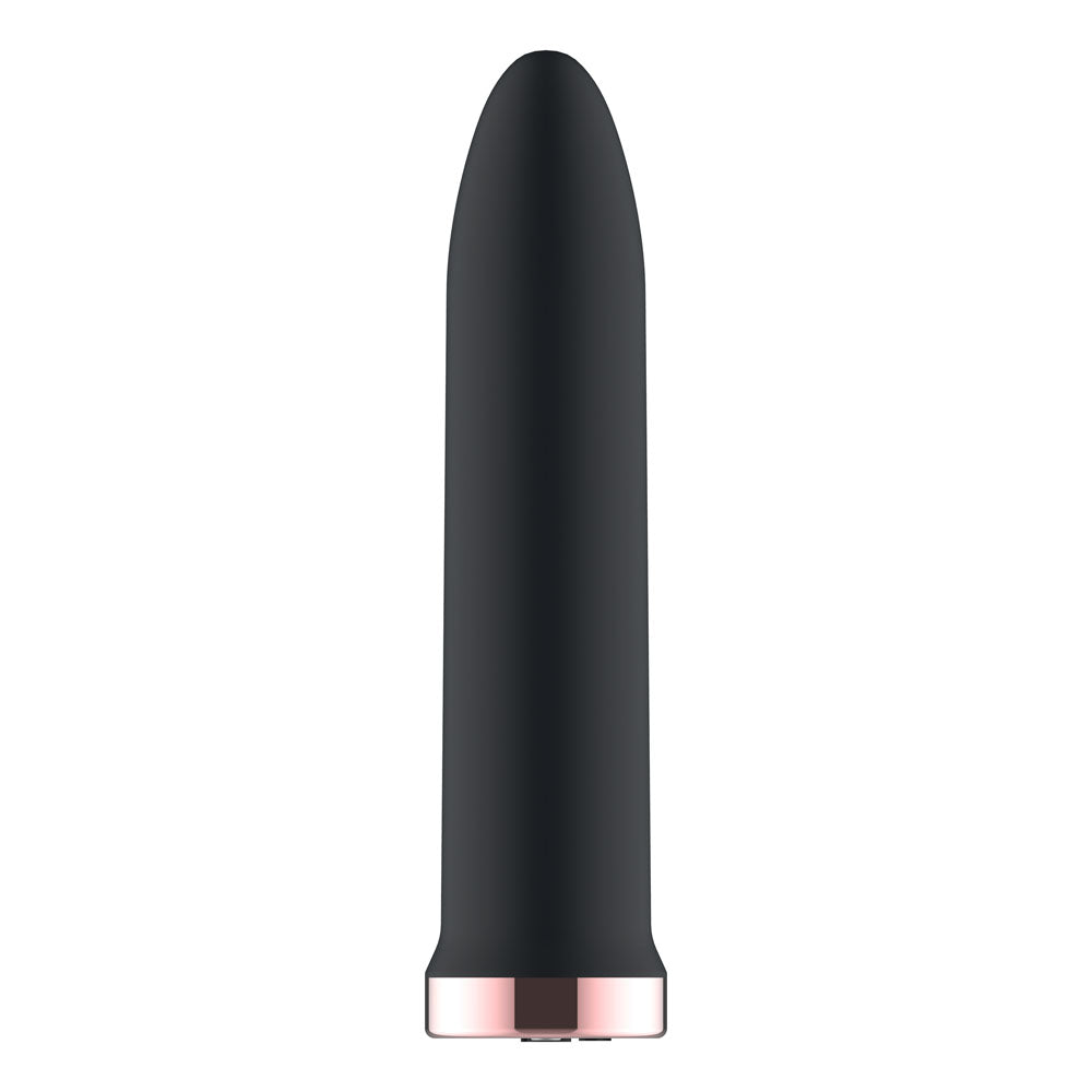 Passion Play Rechargeable Vibrating Bullet in Black standing upright, tapered tip up