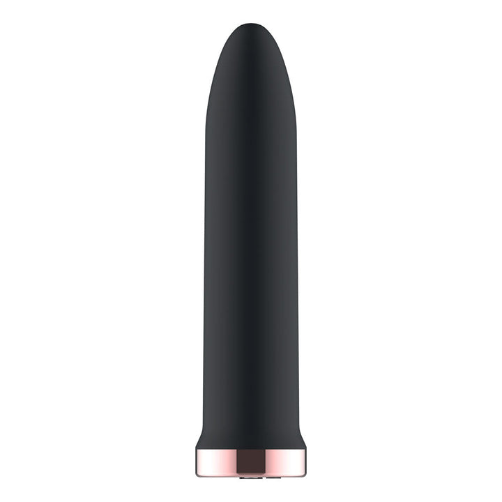 Passion Play Rechargeable Vibrating Bullet in Black standing upright, tapered tip up