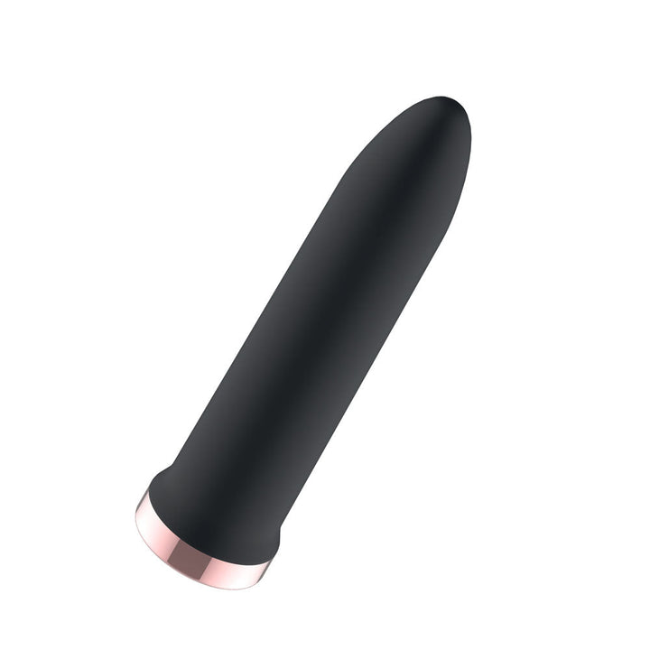 Passion Play Rechargeable Vibrating Bullet in Black lying diagonally, tip to the upper right