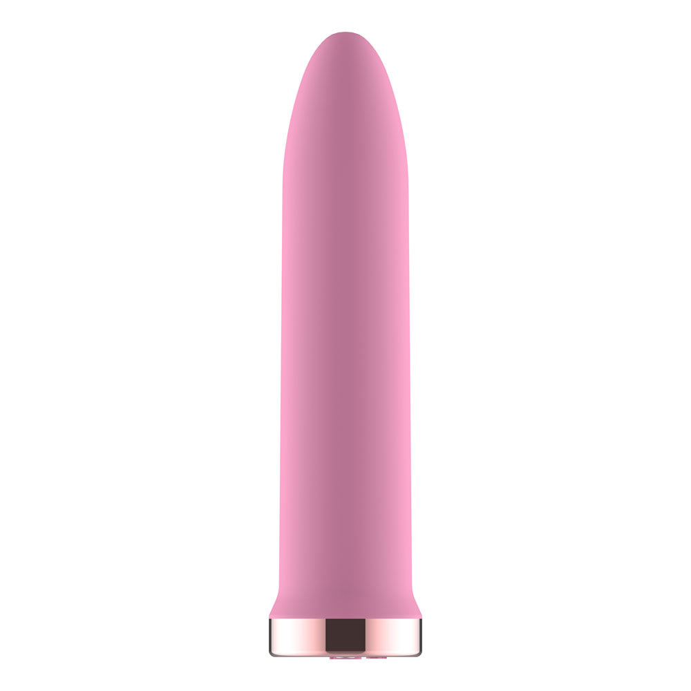 Passion Play Rechargeable Vibrating Bullet in Pink standing upright, tapered tip up