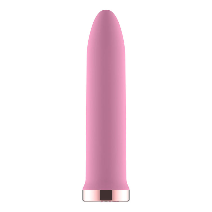 Passion Play Rechargeable Vibrating Bullet in Pink standing upright, tapered tip up