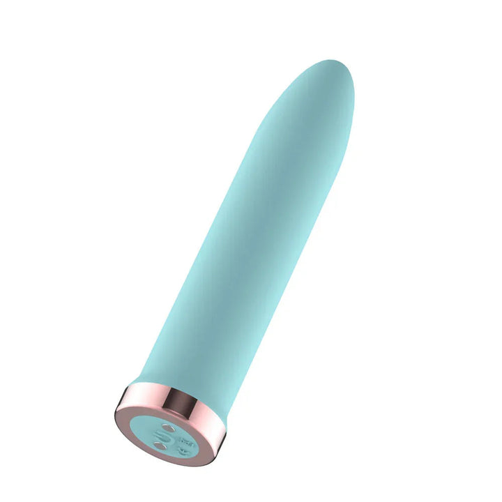 Passion Play Rechargeable Bullet Vibrator in Blue, smooth tip up and rose gold charging base