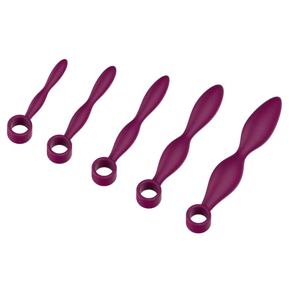 The five Purple Passion Play dilators laid in a diagonal row, smallest at the left