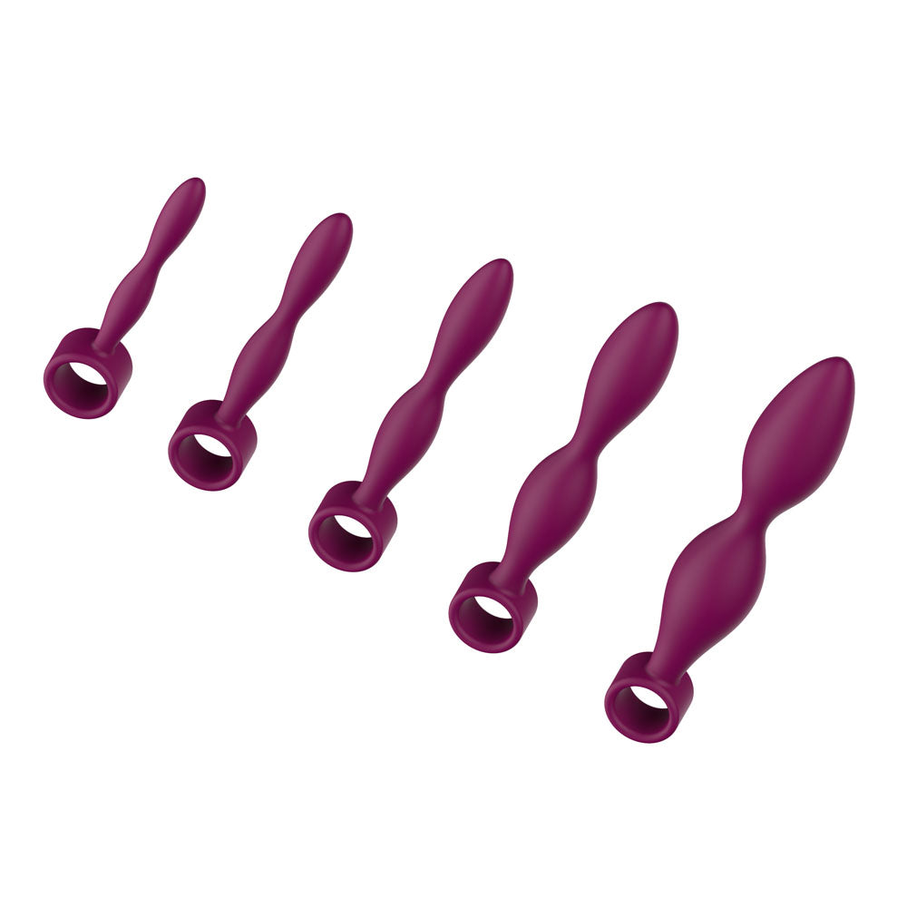 The five Purple Passion Play dilators angled across the frame, ring handles to the lower left