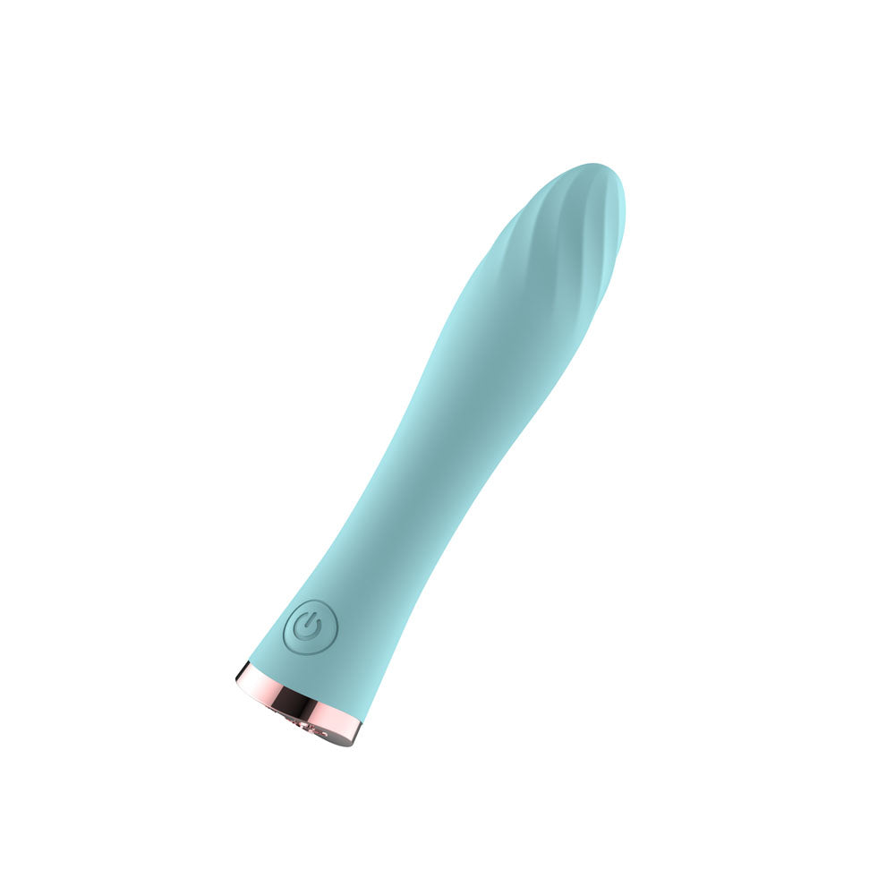 Passion Play Ultra Power Vibrating Bullet in Blue angled, button above the rose gold base